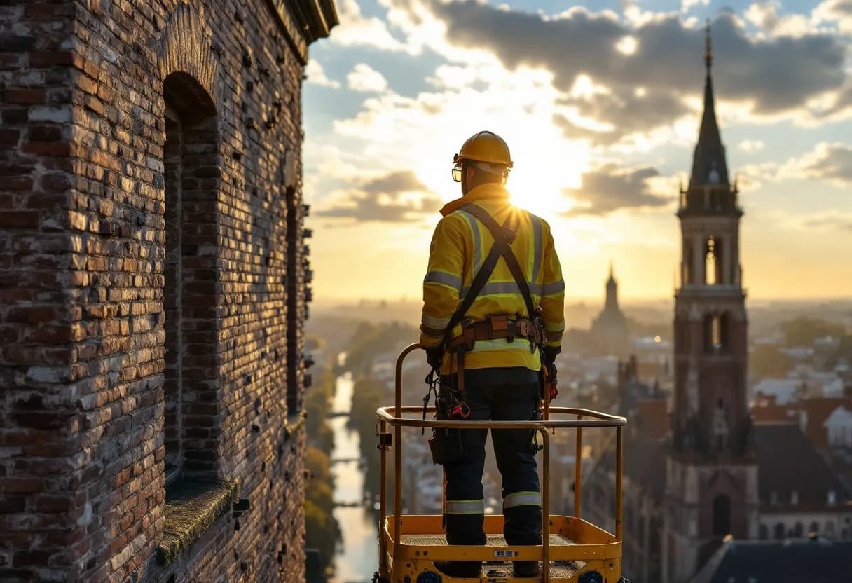 Een stellingbouwer met helm en veiligheidsgordel staat op een hoge systeemsteiger voor een gerenoveerde gevel, terwijl de zon laag schijnt over een historische Vlaamse stad.