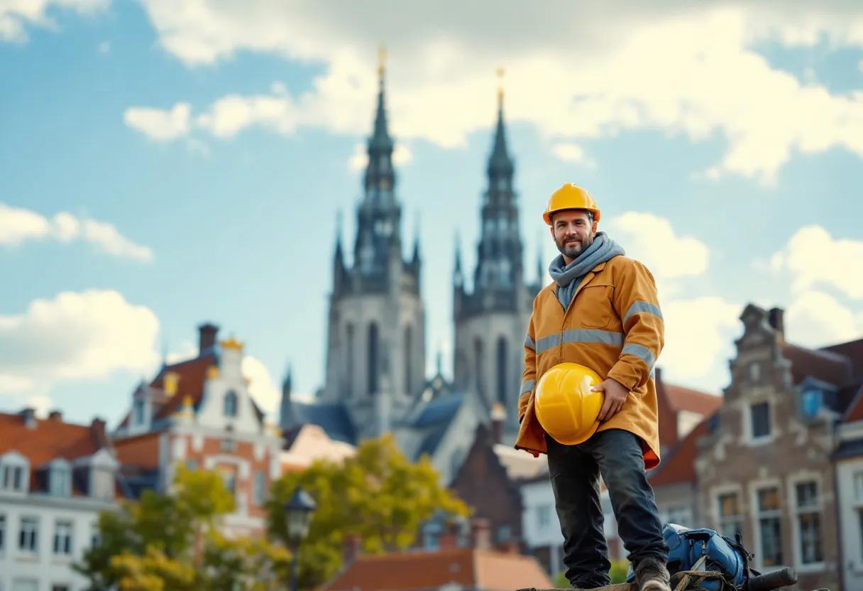 Een ervaren steigerbouwer in geel hesje en helm staat op een robuuste gevelsteiger tegen een gerenoveerd herenhuis in het historische centrum van Gent, met de torens van de Sint-Baafskathedraal zichtbaar op de achtergrond onder een heldere zomerse hemel.