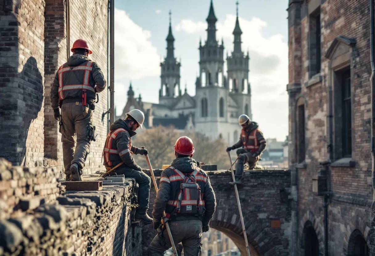 Een team steigerbouwers plaatst een veilige gevelsteiger aan een historisch pand in Gent met op de achtergrond de torens van het Gravensteen, heldere lentehemel.