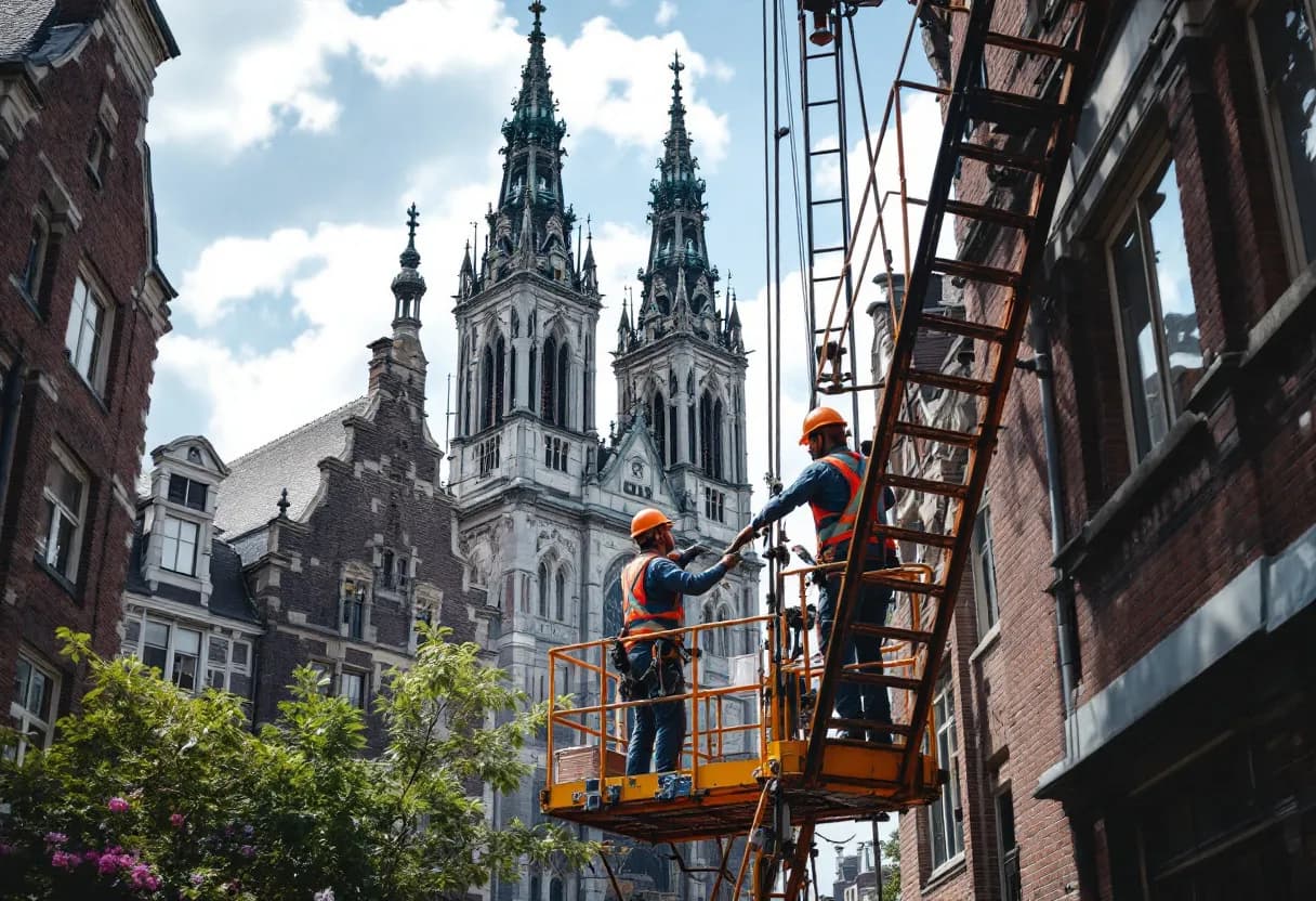 Vakkundige steigerbouwers in veiligheidsuitrusting monteren een gevelstijger aan een historisch herenhuis in het centrum van Antwerpen, met de toren van Onze-Lieve-Vrouwekathedraal zichtbaar op de achtergrond.