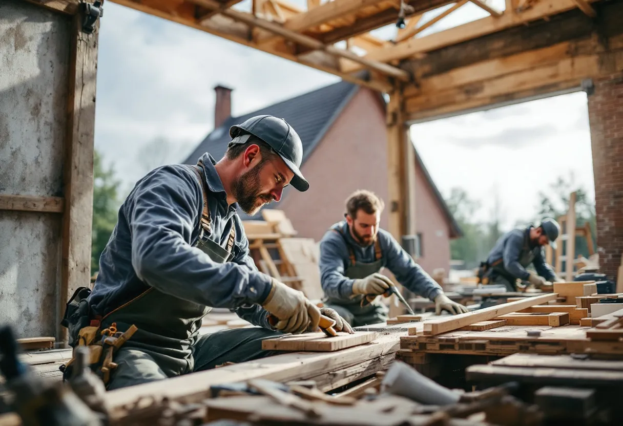 Een team van stellingbouwers plaatst vakkundig een bouwstelling op een werf in Vlaanderen, met een gerenoveerde gevel op de achtergrond.