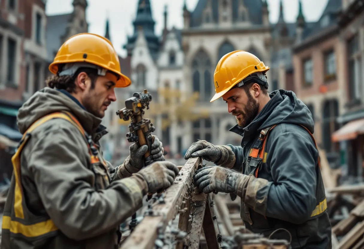 Twee stellingbouwers in veiligheidshelmen bouwen een steiger op voor een historisch pand in het centrum van Leuven, met gotische gevels op de achtergrond.